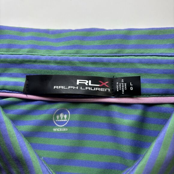 Ralph Lauren RLX Men's L Green Blue Stripe Short Sleeve Performance Polo Shirt - Picture 7 of 8